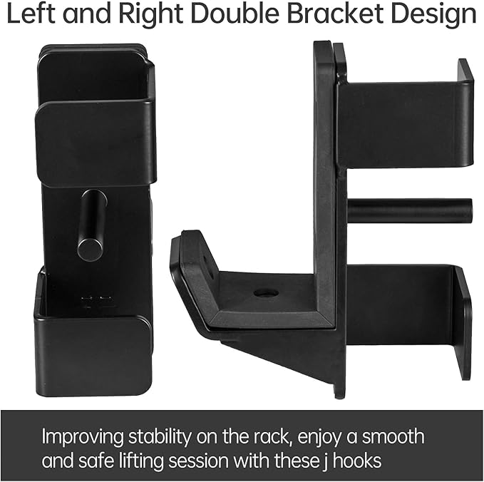 J Hooks for 2" x 2" Power Rack, Rubber Pad J-Hook for Power Cage, Bottom Reinforced Steel J Cups for Squat Rack, Heavy Duty Barbell Holder, Black