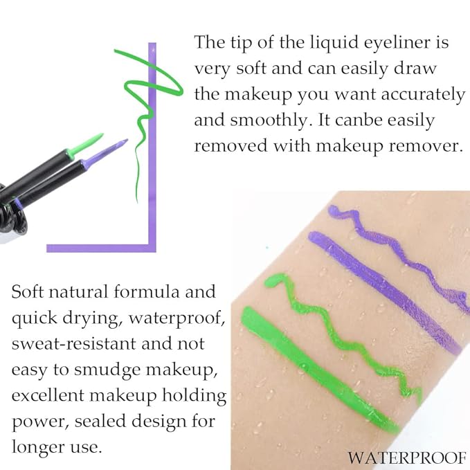 evpct 2Pcs Emerald Neon Green Purple Liquid Eyeliner Set Waterproof Colored Color Eye Liners for Women Stamps Shapes for Eyes delineadores de colores para ojos delineador de ojos contra el agua 05&10