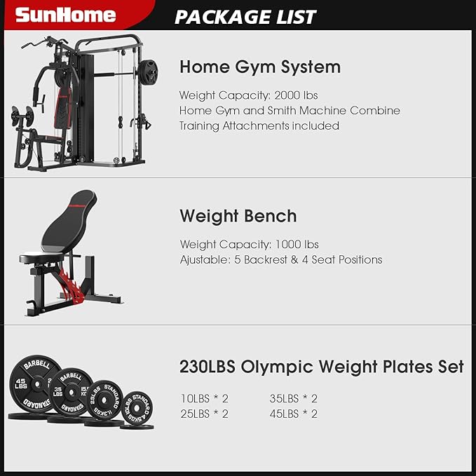 SunHome Multifunction Home Gym System Workout Station,Smith Machine with 138LB Weight Stack, Leg Press, LAT Station for Full Body Training