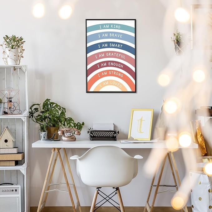 I am Kind Brave Loved Enough Motivational Canvas Wall Art Print Rainbow Quote Inspirational Art Poster Trendy Office Affirmation Wall Decor Minimalist Picture Painting Home Decor 8x12inch black framed