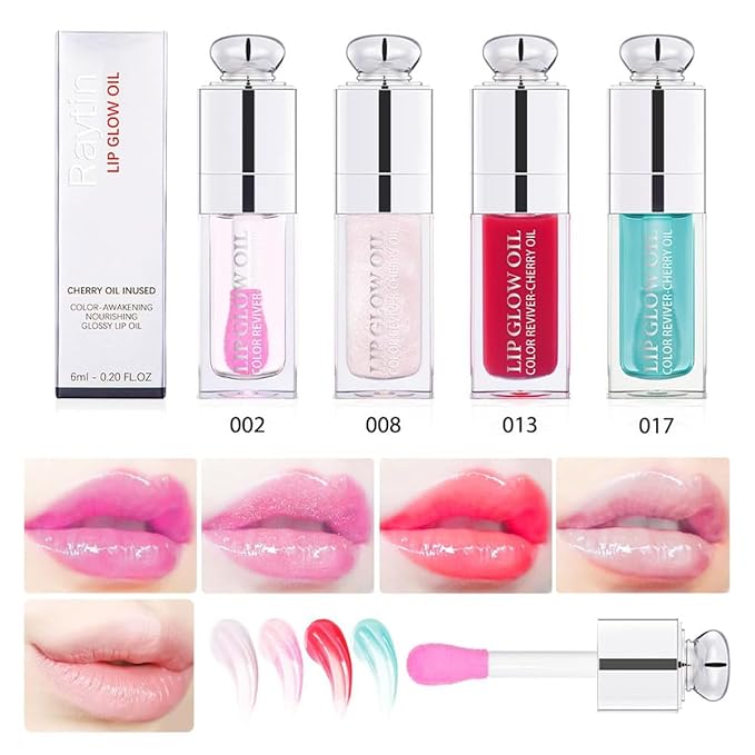 Hydrating Lip Glow Oil, Lip Oil Gloss Transparent Toot Tinted Nourishing Long Lasting Repairing Lightening Lip Lines (CLEAR TO PINK) 0.2 OZ