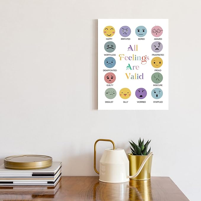 All Feelings Are Valid Canvas Wall Art,Feelings Chart Canvas Framed Wall Art Painting Ready to Hang for Nursery/Kids Playroom/Classroom Decor,Motivational Quotes Gifts for Teens Kids (12 x 15 Inch)