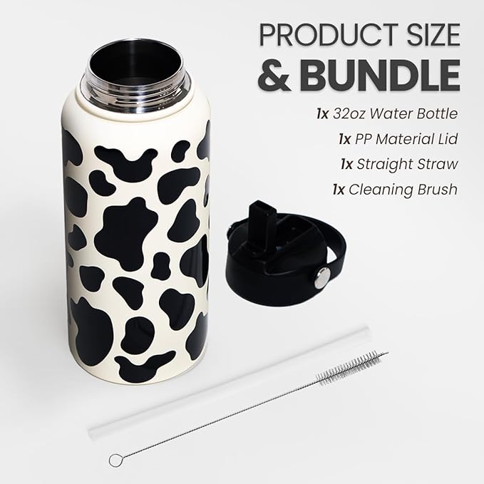 Cow Print Water Bottle 32oz Stainless Steel Vacuum Insulated with Lid, Cow Water Bottles for Gym Sports Travel Outdoor, Cow Gifts for Women Girls Birthday Christmas