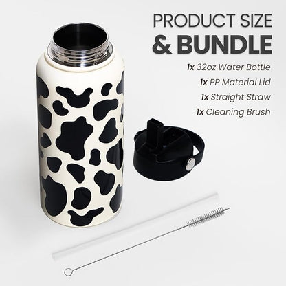 Cow Print Water Bottle 32oz Stainless Steel Vacuum Insulated with Lid, Cow Water Bottles for Gym Sports Travel Outdoor, Cow Gifts for Women Girls Birthday Christmas