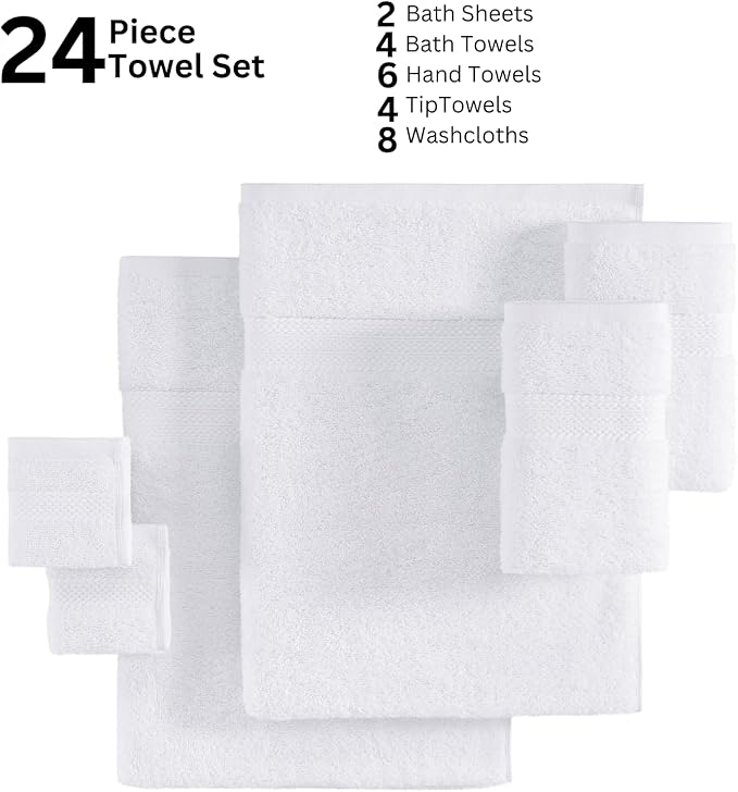 LANE LINEN 100% Luxury Cotton Bathroom Towel Set - 24 Pcs - Fluffy, Super Soft & Absorbent - 2 Bath Sheets, 4 Bath Towels, 6 Hand Towels, 8 Washcloths, 4 Fingertip- Hotel Quality Towel Set - White