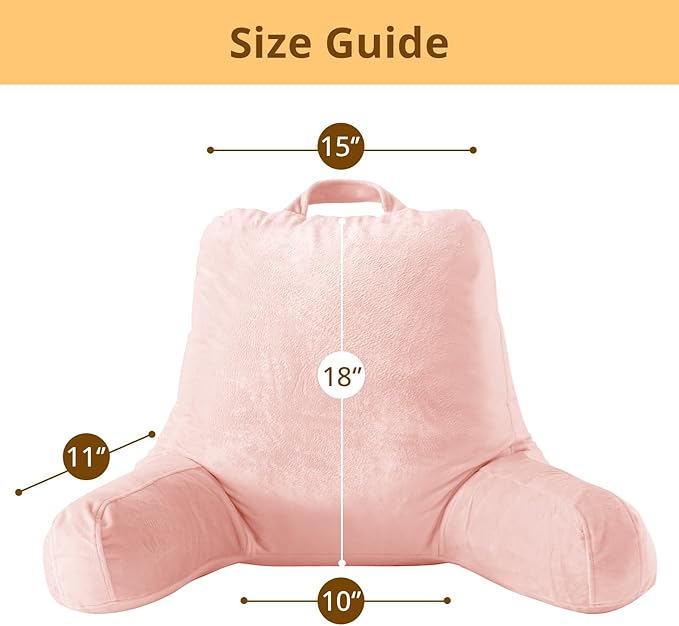 Sasttie Reading Pillow, Velvet Back Pillow for Bed Sitting Up, Adult Back-Rest Support Cushion with Arms for Sit Up on Couch, Sofa, and Floor, Dorm Essentials, Reading Accessories, Peach