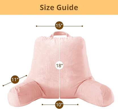 Sasttie Reading Pillow, Velvet Back Pillow for Bed Sitting Up, Adult Back-Rest Support Cushion with Arms for Sit Up on Couch, Sofa, and Floor, Dorm Essentials, Reading Accessories, Peach