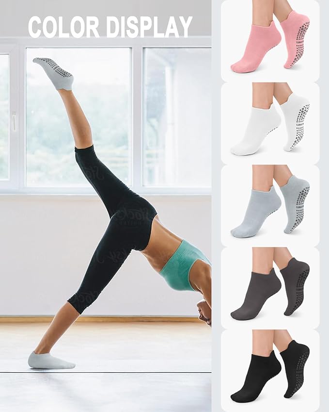 5 Pairs Pilates Grip Socks Yoga Socks with Grips for Women, Non-Slip Athletic Socks for Ballet, Dance, Workout, Hospital