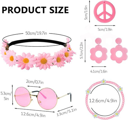 Hippie Costume Accessories Set Peace Sign Necklace Sunglasses Flower Headband Earrings for 60s 70s Outfit Party Women
