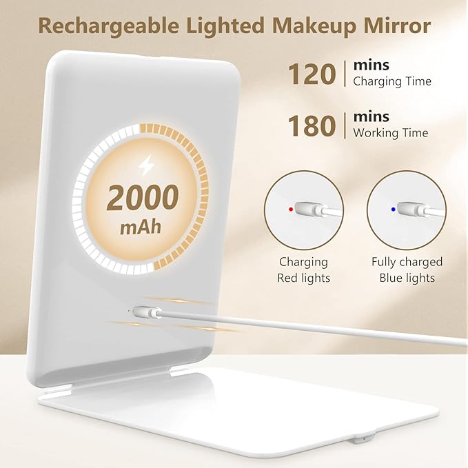 Rechargeable Makeup Mirror for Travel, Vanity Mirror with 80LEDs, 3 Color Light, 2000mAh Battery, Portable Ultra Slim Lighted Mirror, Travel Essential
