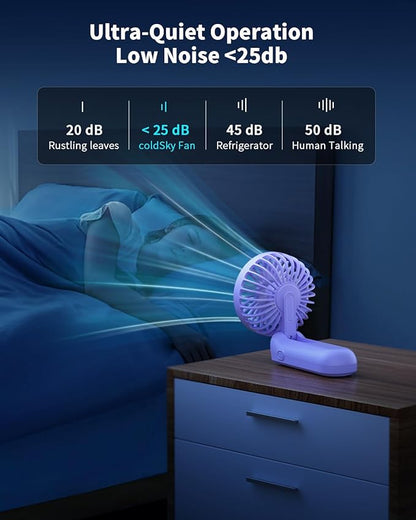 Purple Portable LED Fan, 3000mAh Battery Operated, 3 in 1 Handheld/Neck/Desk Mini Fan for Travel, Beach, Outdoor