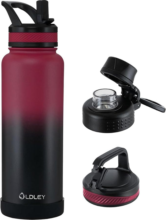OLDLEY 40 oz Insulated Water Bottle With Straw, Stainless Steel Sports Water Cup Flask with 3 Lids(Straw, Spout and Handle Lid) Double Walled Travel Thermal Canteen Mug,Dark Rainbow
