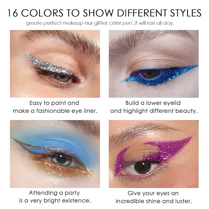 evpct 16 Color Liquid Glitter Eyeliner Sets Eyeliner Glitter Liquid Liners for Women White Silver Rose Gold Pink Sparkly Sparkle Shimmer Eyeliners delineador con glitter de colores para ojos colores
