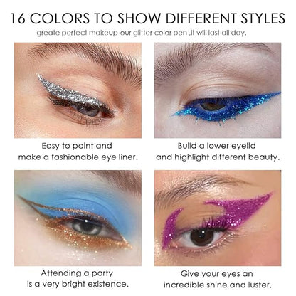 evpct 16 Color Liquid Glitter Eyeliner Sets Eyeliner Glitter Liquid Liners for Women White Silver Rose Gold Pink Sparkly Sparkle Shimmer Eyeliners delineador con glitter de colores para ojos colores