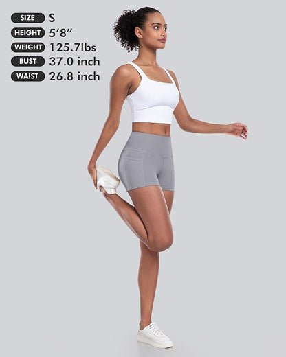CHRLEISURE Womens Biker Yoga Shorts with Pockets: High Waisted Tummy Control Spandex Workout Athletic Gym Shorts 4 Packs