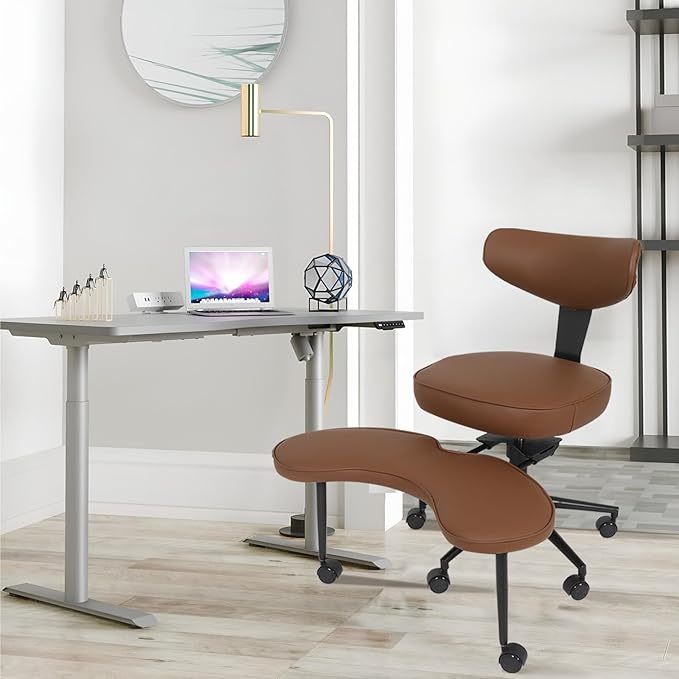 ELECWISH Meditation Chair, ADHD Chair for Adults with Wing Back Support, Criss Cross Kneeling Yoga Desk Office Use with Wheels, Height Adjustable seat and Leg Rest, Brown