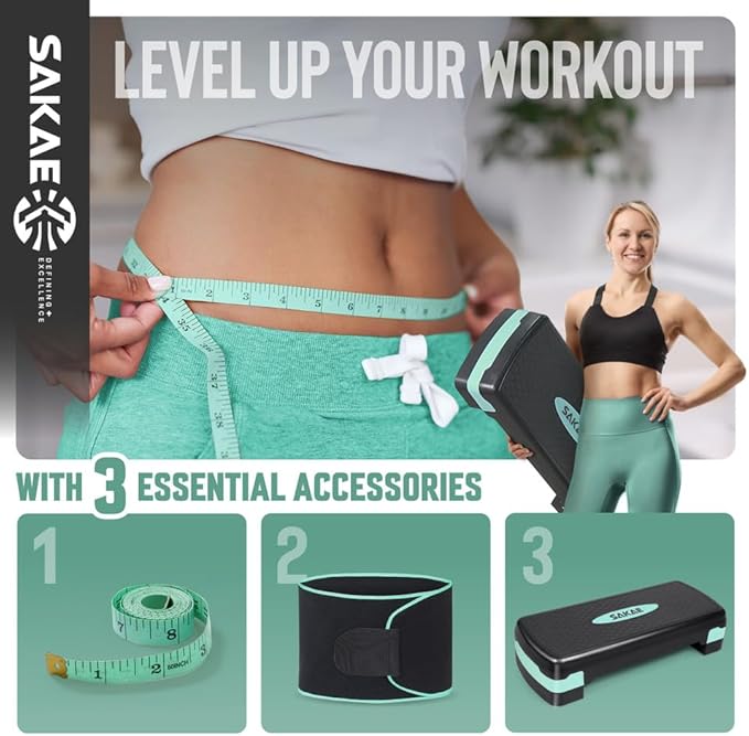 SAKAE Aerobic Step Platform Set with Waist Trimmer & Measuring Tape, Exercise Steppers for Home Exercise Fitness, Adjustable Height 2 Level Risers Workout Step Platform Trainer, Multiple Colors