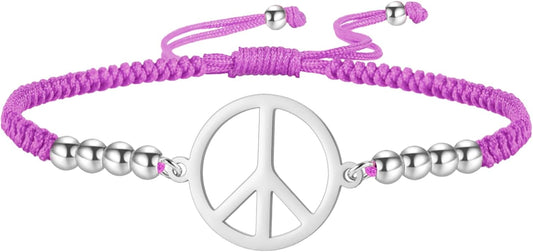 LIKGREAT Peace Adjustable Beaded Bracelet Peace Sign Symbol Pendant Handmade Braided Wax Cords Bracelet for Women