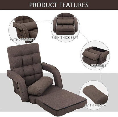 FLOGUOR 14-Position Adjustable Floor Chair, Chaise Lounge Indoor, Folding Lazy Sofa with Armrests and a Pillow Padded Adults Gaming Chairs for Living Room, Bedroom Factory Price (Brown) 8803CO