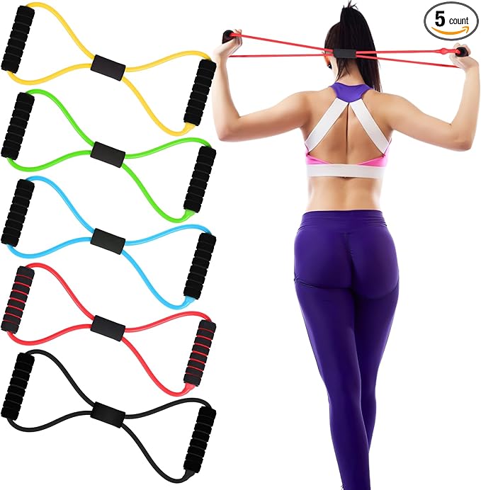 Skylety Figure 8 Fitness Resistance Bands with Handles Set of 5 Exercise Bands for Women Men Rope 8 Word Elastic for Arm and Shoulder Stretch Yoga Gym Fitness Muscle Training Chest Expander