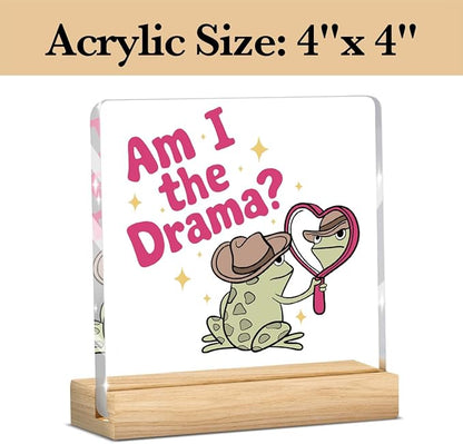 Mental Health Decor, Funny Mental Health Gift for Women Men, Cowboy Frog Acrylic Sign with Wooden Office Accessories Bedroom Dorm Apartment Decoration-Am I the Drama Cowboy Frog