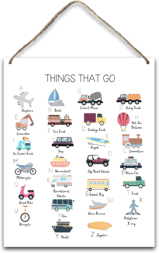 Transportation Alphabet Educational Gift for Girl Boy Daughter Son Teacher Gift Hanging Plaque With Rope Home Wall Decor Sign for Nursery Bedroom Playroom Classroom School -37