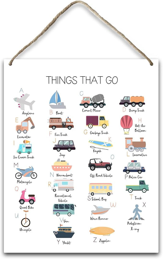 Transportation Alphabet Educational Gift for Girl Boy Daughter Son Teacher Gift Hanging Plaque With Rope Home Wall Decor Sign for Nursery Bedroom Playroom Classroom School -37