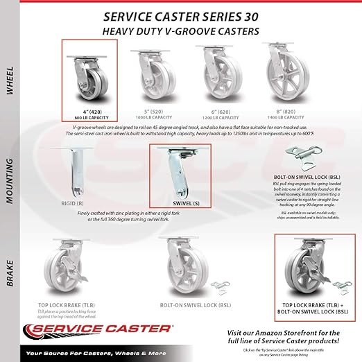 V Groove Semi Steel Cast Iron Swivel Top Plate Heavy Duty Caster with 4 Inch Wheel and Top Lock Brake and Bolt on Swivel Lock – 800 lbs. Capacity/Caster - Service Caster Brand