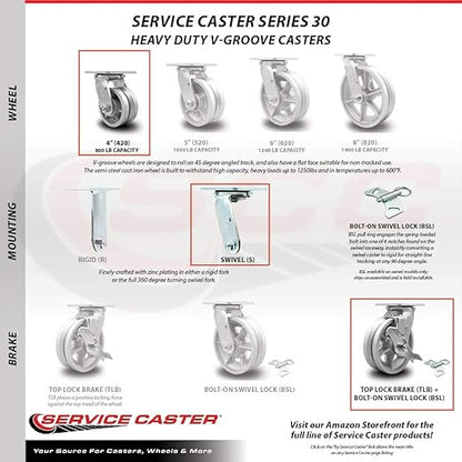 V Groove Semi Steel Cast Iron Swivel Top Plate Heavy Duty Caster with 4 Inch Wheel and Top Lock Brake and Bolt on Swivel Lock – 800 lbs. Capacity/Caster - Service Caster Brand