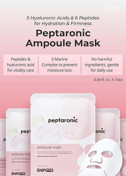 Snp 6 Peptides + 5 Hyaluronic Acid Skincare Set | 4-in-1 Kit of Toner, Serum, Cream & Sheet Masks | Moisturizing, Firming & Hydrating | Korean Skincare Set for Dry & Sensitive Skin | Peptaronic Set