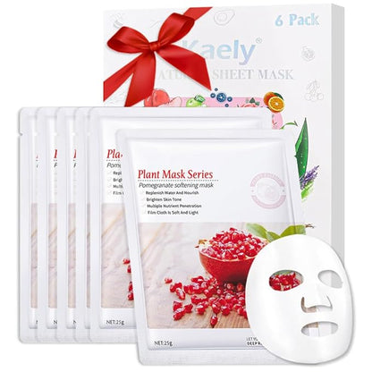 AMY'S DIARY 6 PCS Real Nature Hydrating Pomegranate Face Mask, Hyaluronic Acid, Vitamin C and E, Chamomile, Korean Beauty Essence Facial Paper Sheet Mask for Skin Care Moisturizing (Pomegranate)