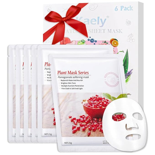AMY'S DIARY 6 PCS Real Nature Hydrating Pomegranate Face Mask, Hyaluronic Acid, Vitamin C and E, Chamomile, Korean Beauty Essence Facial Paper Sheet Mask for Skin Care Moisturizing (Pomegranate)