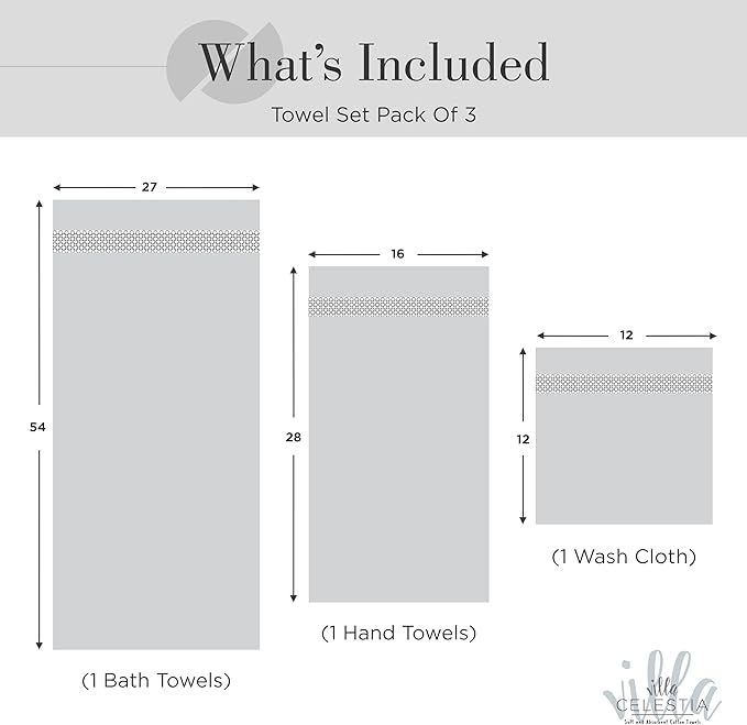 100% Combed Cotton Bathroom Towel Set of 3- 1 Bath Towel, 1 Hand Towel, 1 Wash Cloth, Sustainable, Soft, Highly Absorbent 3 Piece Cotton Bath Towel Set Ideal for Hotels, Spa, Bathroom, Dorm, White