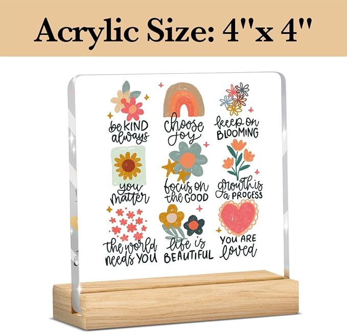 Mental Health Decor, Motivational Gifts for Women Men, Self Love Inspirational Boho Acrylic sign with Wooden office Accessories Bedroom Dorm Apartment Decoration-Positive doodle floral