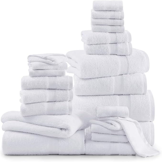 LANE LINEN 100% Luxury Cotton Bathroom Towel Set - 24 Pcs - Fluffy, Super Soft & Absorbent - 2 Bath Sheets, 4 Bath Towels, 6 Hand Towels, 8 Washcloths, 4 Fingertip- Hotel Quality Towel Set - White