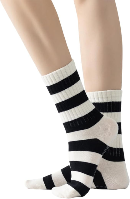Yoga Pilates Socks with Grips for Women Non Slip Striped Cushioned Crew Socks for Barre Ballet Dance