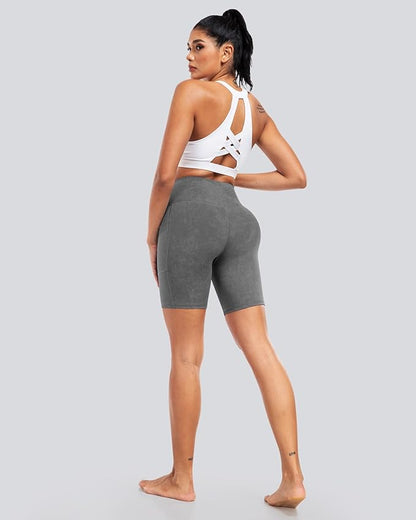 CHRLEISURE Womens Biker Yoga Shorts with Pockets: High Waisted Tummy Control Spandex Workout Athletic Gym Shorts 4 Packs