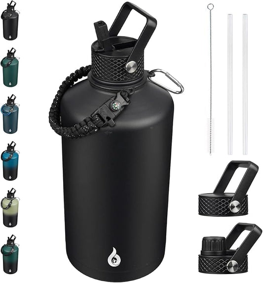 BJPKPK 1 Gallon Water Bottle with Straw Lid, 50oz, 64oz, 87oz, 128oz Large, Stainless Steel Water Bottles with 3 Lids and Paracord Handle, Double Wall Vacuum Metal Water Jug, Black
