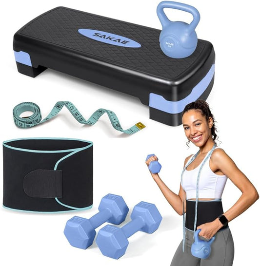 SAKAE Adjustable Aerobic Stepper Kit with Dumbbells & Kettlebell & Weightlifting Belt & Measuring Tape, 2 Level Risers Exercise Step Platform for Home Gym Exercise Fitness Workout, Multiple Colors