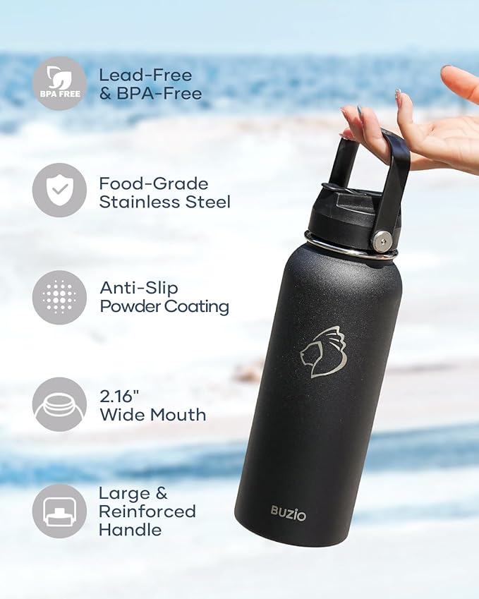 BUZIO 40oz Insulated Water Bottle, Stainless Steel Water Flask with Straw Lid and carrying pouch, Keep Cold 48h Leak Proof Double Wall Vacuum Travel Mug Metal Canteen for Gym Camp Beach, Black