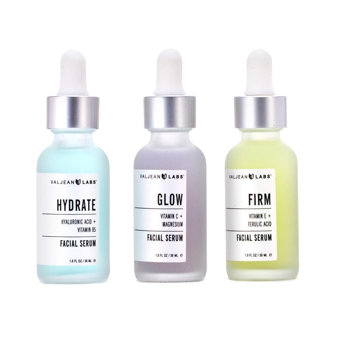 Valjean Labs Facial Serum, Combo Pack of Hydrate, Glow, and Firm | Supercharged, Targeted Skincare Ingredients | Paraben Free, Cruelty Free, Made in USA (1oz Bottles)