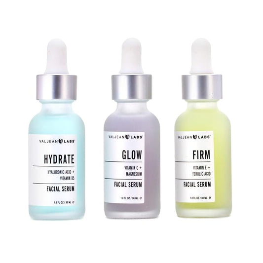 Valjean Labs Facial Serum, Combo Pack of Hydrate, Glow, and Firm | Supercharged, Targeted Skincare Ingredients | Paraben Free, Cruelty Free, Made in USA (1oz Bottles)