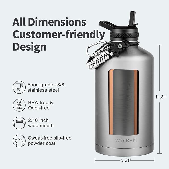 One Gallon Water Bottle Insulated, Triple Wall Vacuum Cold for 48 Hrs & Leak-proof & Non-BPA, 128oz Large Sports Stainless Steel Water Jug with Paracord Handle Straw Spout Lids & DIY Stickers