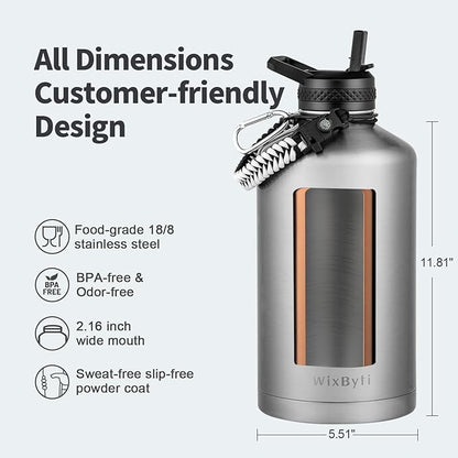 One Gallon Water Bottle Insulated, Triple Wall Vacuum Cold for 48 Hrs & Leak-proof & Non-BPA, 128oz Large Sports Stainless Steel Water Jug with Paracord Handle Straw Spout Lids & DIY Stickers