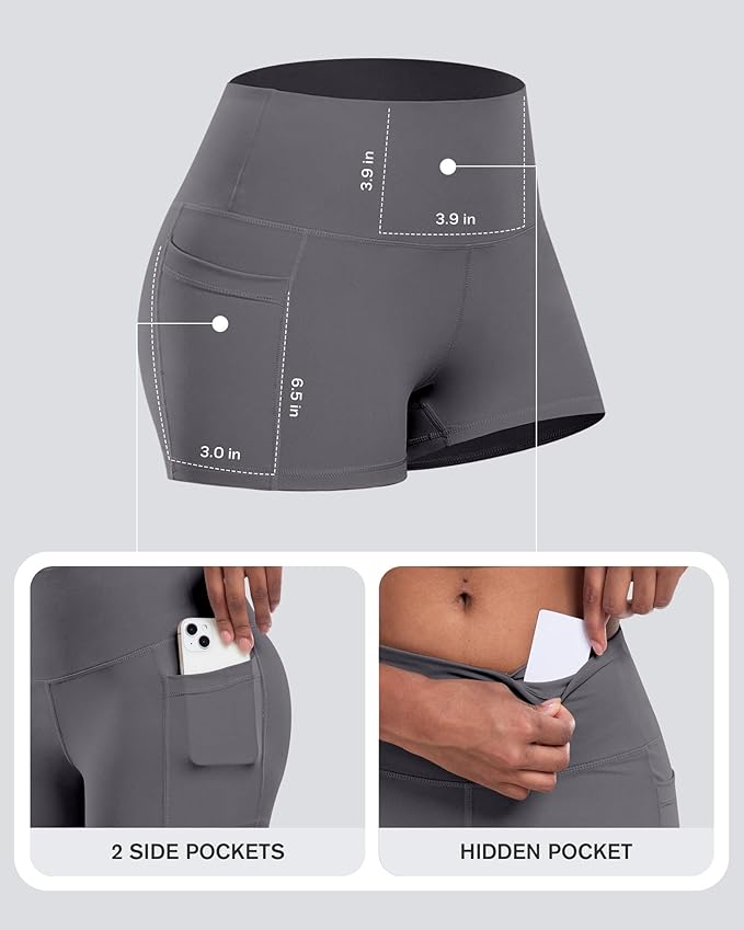 CHRLEISURE Womens Biker Yoga Shorts with Pockets: High Waisted Tummy Control Spandex Workout Athletic Gym Shorts 4 Packs