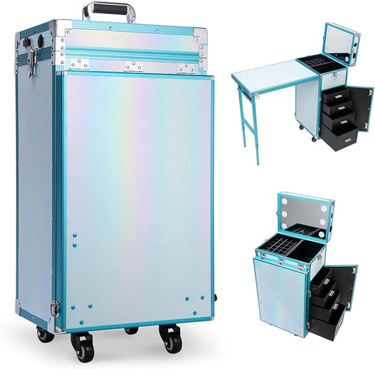 Icoget Portable Nail Table Desk for Nail Teach, Upgraded Rolling Manicure Table Makeup Station w/Speaker and Led Light, Foldable Traveling Nail Desk Organizer Cart