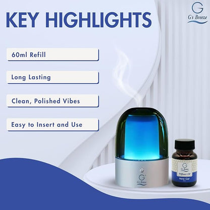 G's Breeze Smart Aroma Diffuser with 60ml New Car Scent Refill - Bluetooth & Wi-Fi App Control - LED Lighting & Adjustable Intensity - Long-Lasting Leather Automotive Fragrance for Home or Office