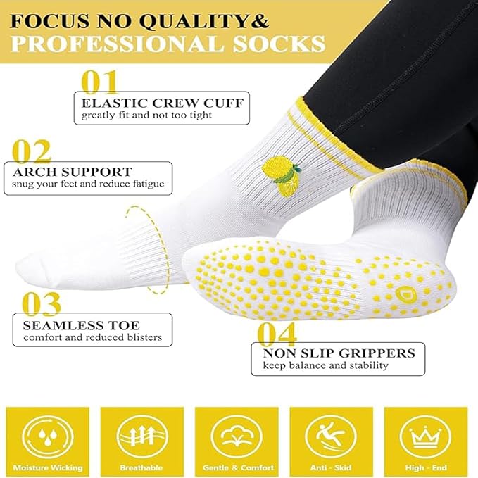 DADAB Cute Pilates Grip Socks for Women – Yoga Grippy Non Slip Barre Sticky Crew Socks for Workout, Hospital Use