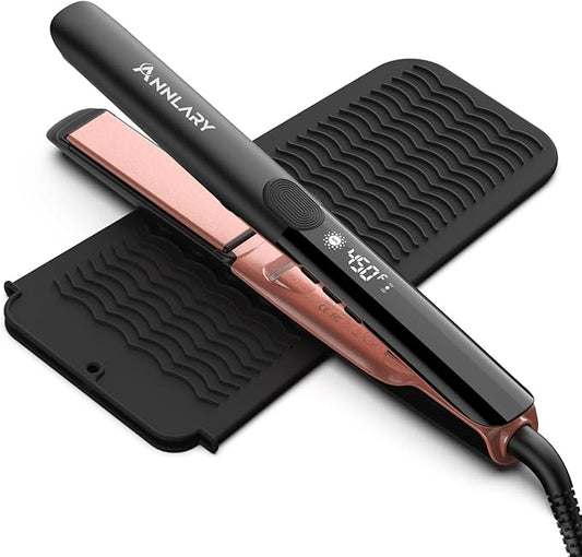 Hair Straightener with Heat-Resistant Silicone Mat Pouch, 1 Inch Professional Titanium Plate with Ceramic Coating Ionic Dual Voltage Flat Iron for All Hair Types