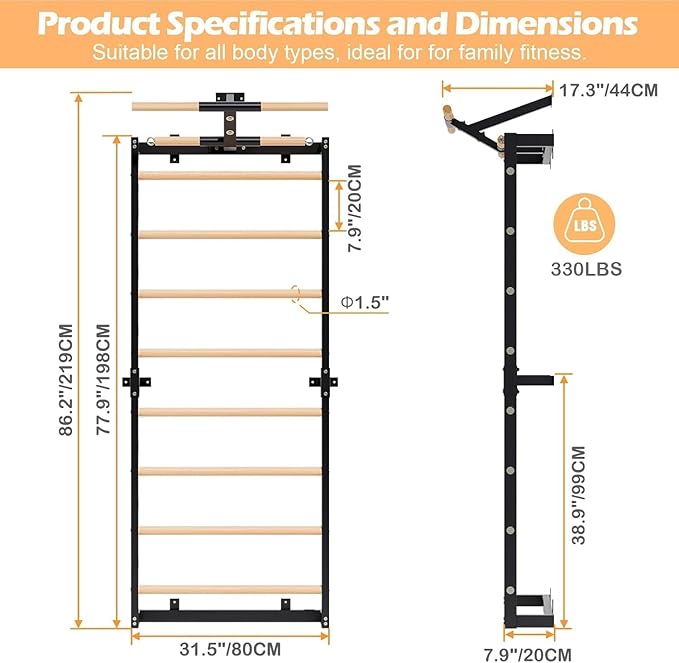 Swedish Ladder, Wood Stall Bars Suspension Trainer with Pull-Up Bar & Rings for Straps, Swedish ladders Wall Gym Adult, Wall-Mounted Workout Ladder for Home, Gym, School